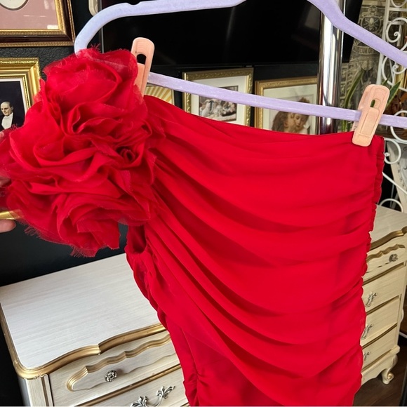 Vintage Cache Red One Shoulder Flower Mini Dress Size Small - Picture 7 of 11